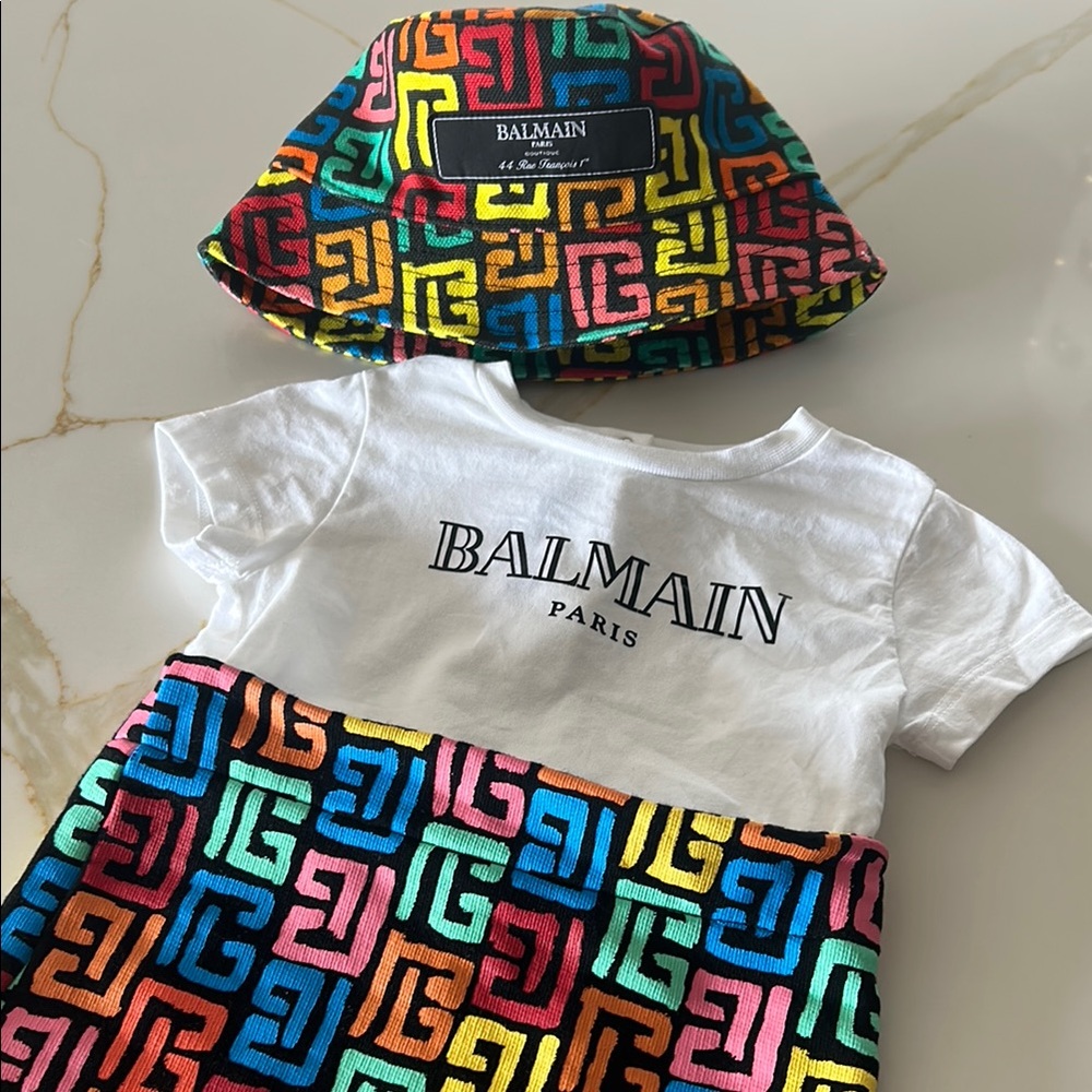 Balmain Vibrant Logo Dress and Hat Set